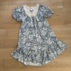 Lucky Brand Boho Paisley Puff Sleeve Ruffle Hem Dress Blue White Small